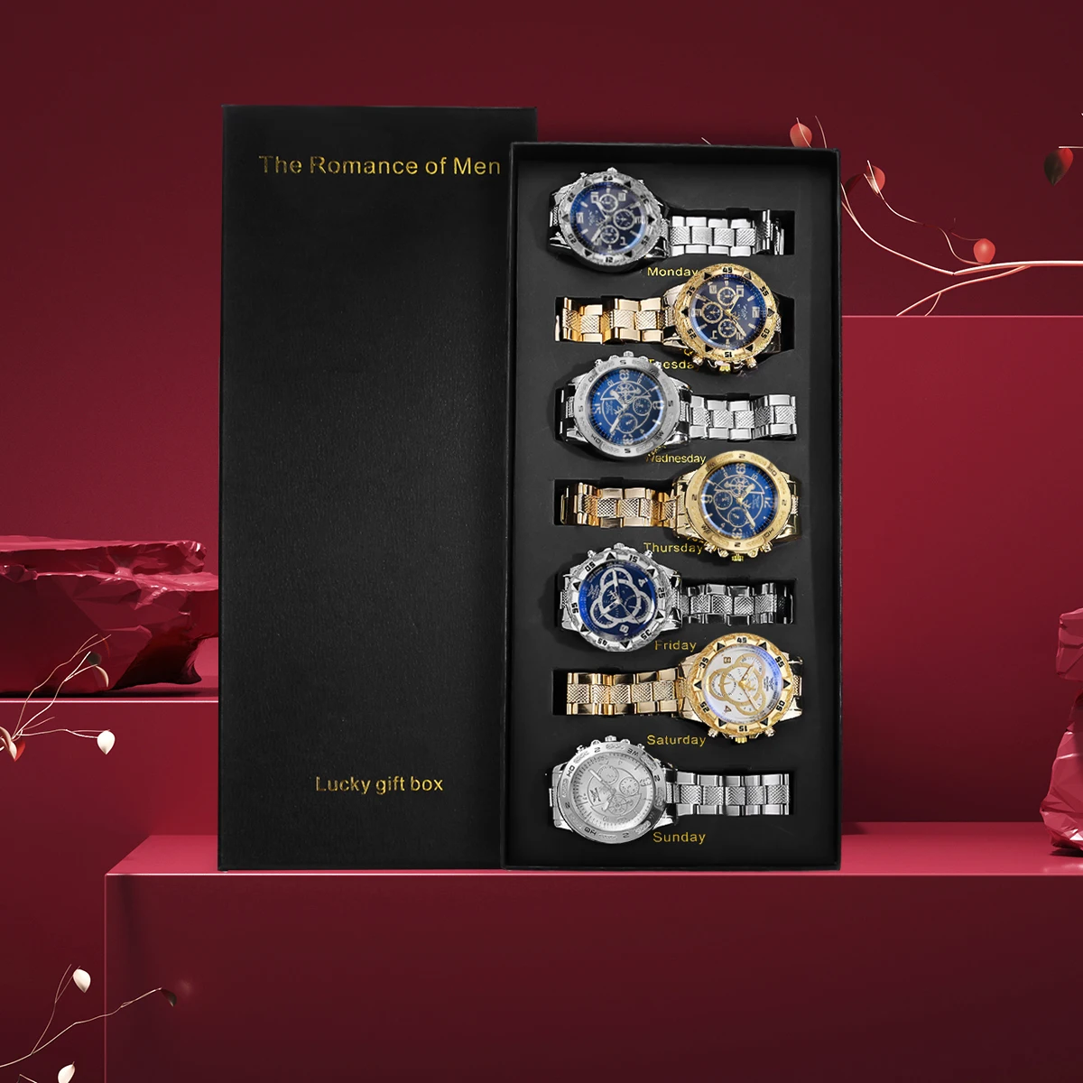 New fashion trend three-eye steel strap men's watch 7-piece gift set
New fashion trend three-eye steel strap men's watch 7-piece gift set