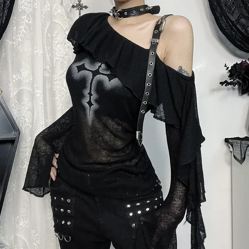 Goth Cyber Y2K Alt Одежда 90-х годов Гранж Кожаный пуловер с пряжкой и принтом Топы Женские вязаные прозрачные футболки Готическая техническая одежда с оборками 
Goth Cyber Y2K Alt Одежда 90-х годов Гранж Кожаный пуловер с пряжкой и принтом Топы Женские вязаные прозрачные футболки Готическая техническая одежда с оборками