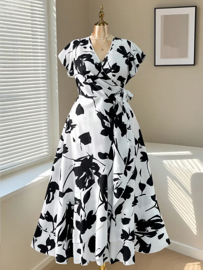 Plus Size Women's White Floral Print Dress, Summer V-Neck Waist-Cinching Slimming Elegant Irregular Maxi Dress, Casual Commuter Vacation Style
Plus Size Women's White Floral Print Dress, Summer V-Neck Waist-Cinching Slimming Elegant Irregular Maxi Dress, Casual Commuter Vacation Style