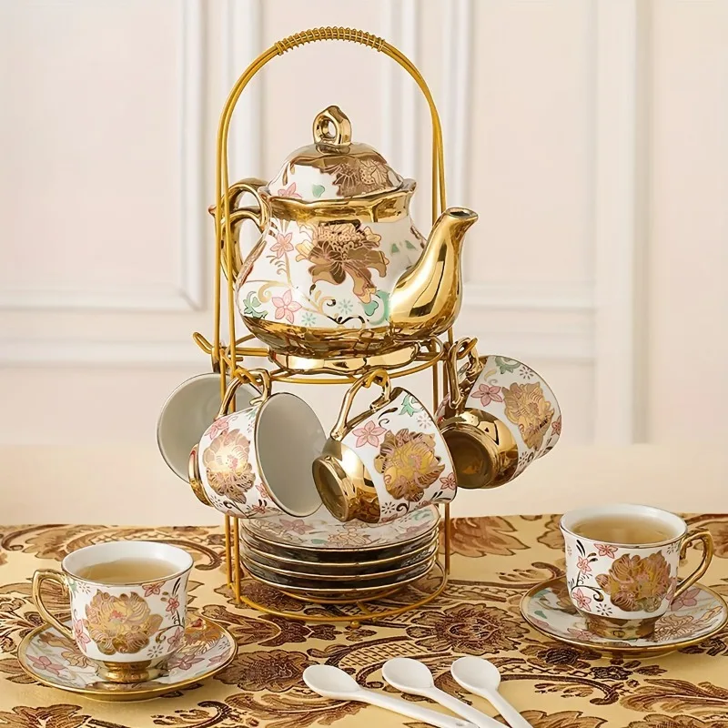 20pcs Porcelain Tea Set Featuring Floral Designs, Complete with a Metal Holder And Teapot. This European Ceramic Collection Incl
20pcs Porcelain Tea Set Featuring Floral Designs, Complete with a Metal Holder And Teapot. This European Ceramic Collection Incl