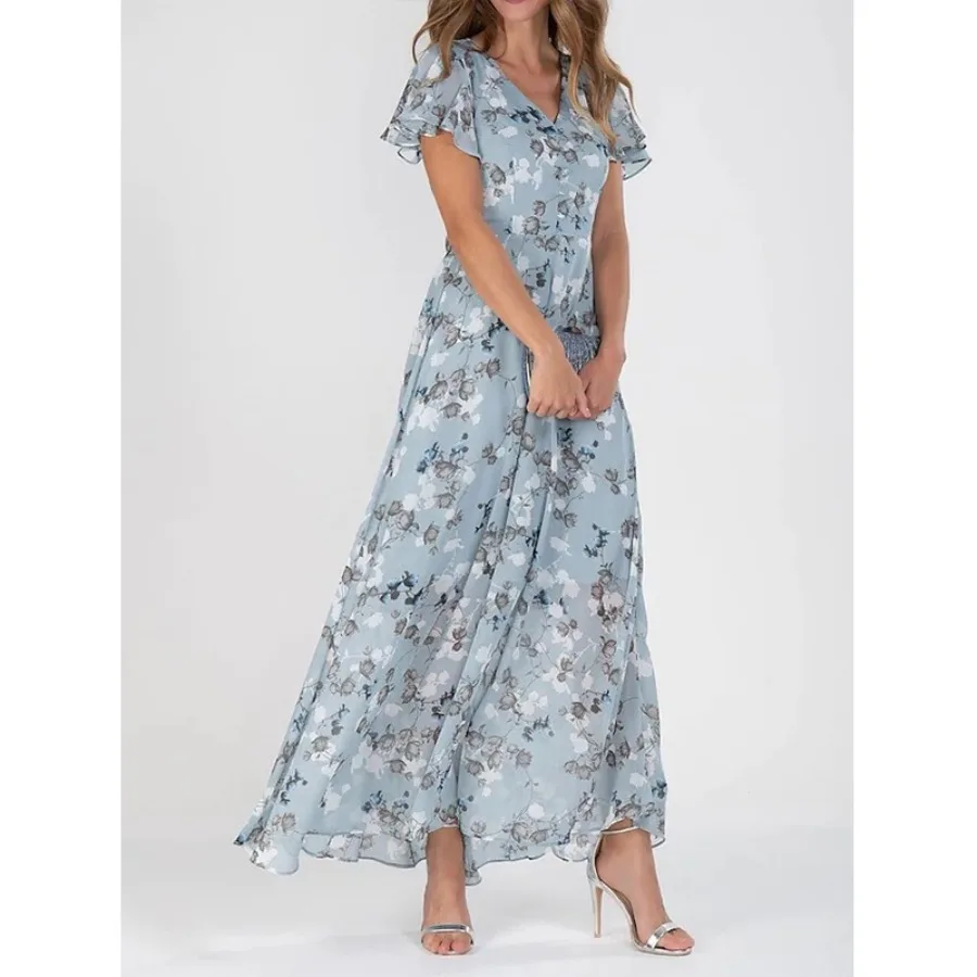 【New style】New beach big swing long dress chiffon floral short sleeve ruffled V-neck fashionable waist dress
【New style】New beach big swing long dress chiffon floral short sleeve ruffled V-neck fashionable waist dress