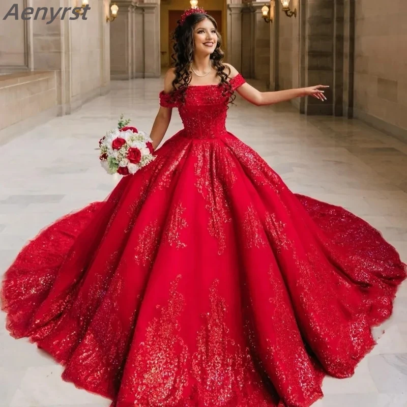 Aenyrst Sparkly Sequined Lace Off the Shoulder Quinceanera Dresses Red Appliques Ruffles cathedral train Crystal prom vestido 15
Aenyrst Sparkly Sequined Lace Off the Shoulder Quinceanera Dresses Red Appliques Ruffles cathedral train Crystal prom vestido 15
