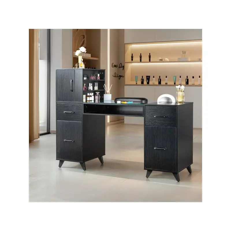 Fanless Nail Table, Black Relief Particle Board, Tempered Glass, 141cm x 50cm x 112cm, 3 Doors, 2 Drawers
Fanless Nail Table, Black Relief Particle Board, Tempered Glass, 141cm x 50cm x 112cm, 3 Doors, 2 Drawers