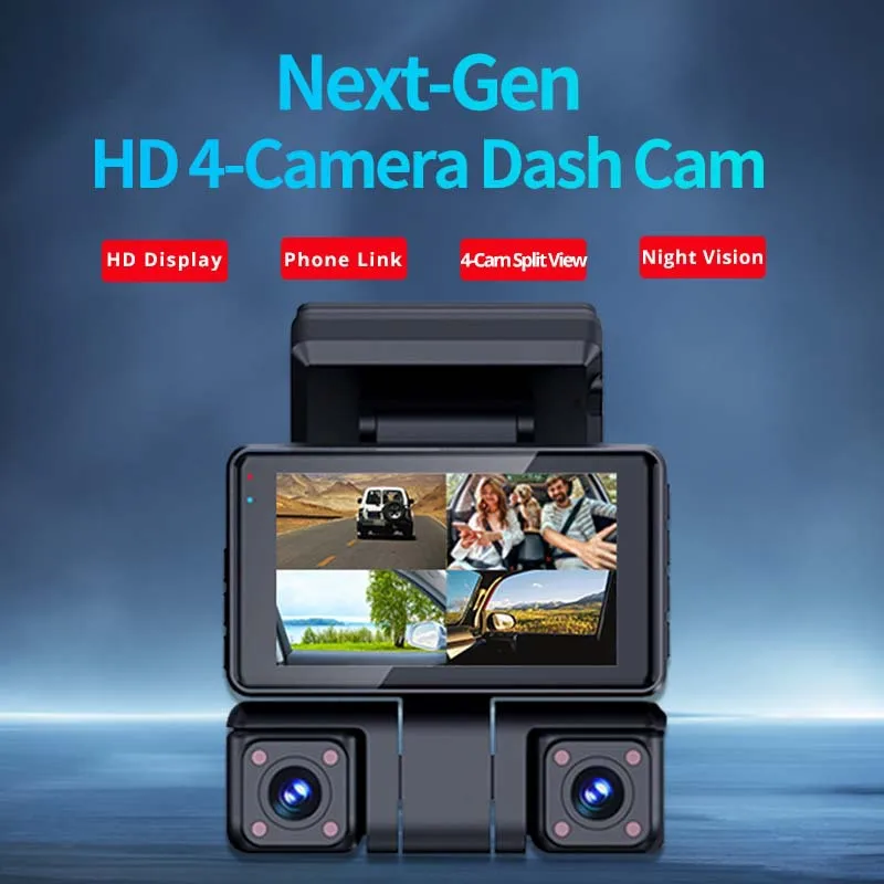 4-camera 4K dashcam with HD phone connectivity, loop recording, and quad recording - front, rear, left, and right DVR
4-camera 4K dashcam with HD phone connectivity, loop recording, and quad recording - front, rear, left, and right DVR