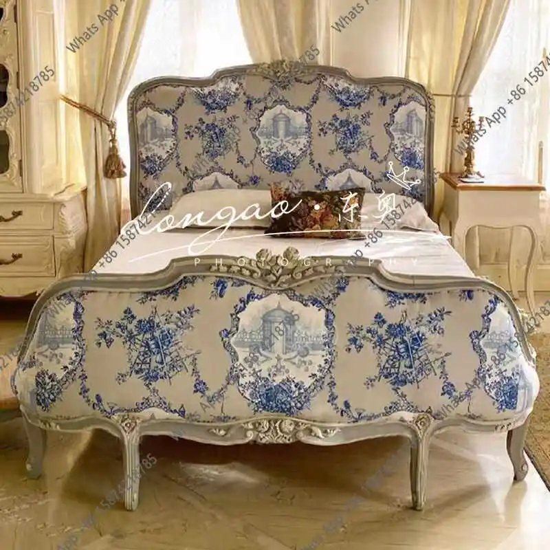 French retro solid wood carving double bed 1.8 meters American country old blue printed fabric soft bag wedding bed
French retro solid wood carving double bed 1.8 meters American country old blue printed fabric soft bag wedding bed
