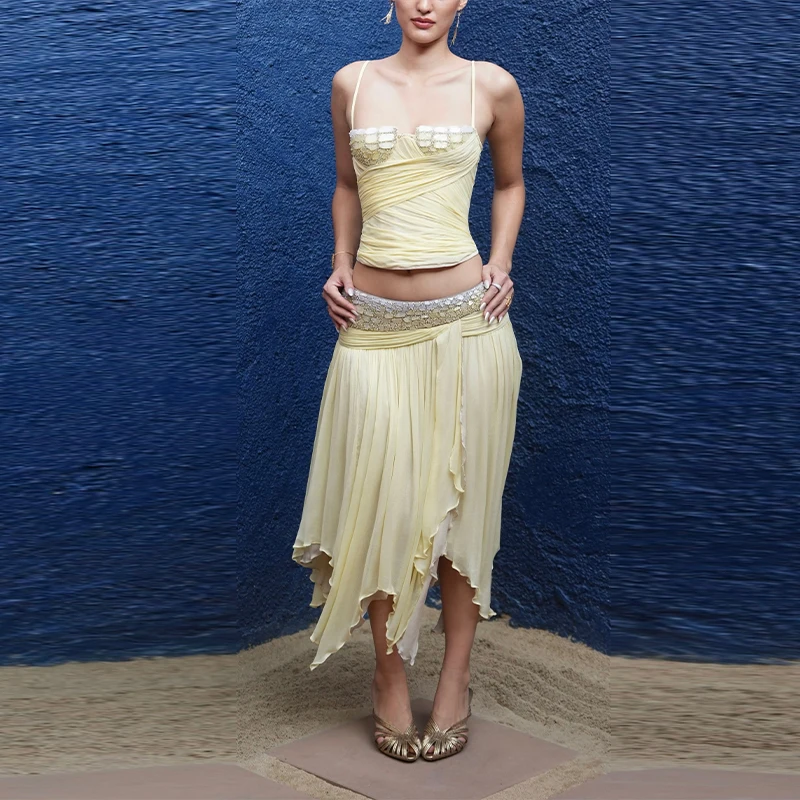 Shpmishal Elegant Yellow Sequin Splice Skirt Set Women irregular Chiffon Pleated Spaghetti Strap Sling Suit Beach Party Wear
Shpmishal Elegant Yellow Sequin Splice Skirt Set Women irregular Chiffon Pleated Spaghetti Strap Sling Suit Beach Party Wear