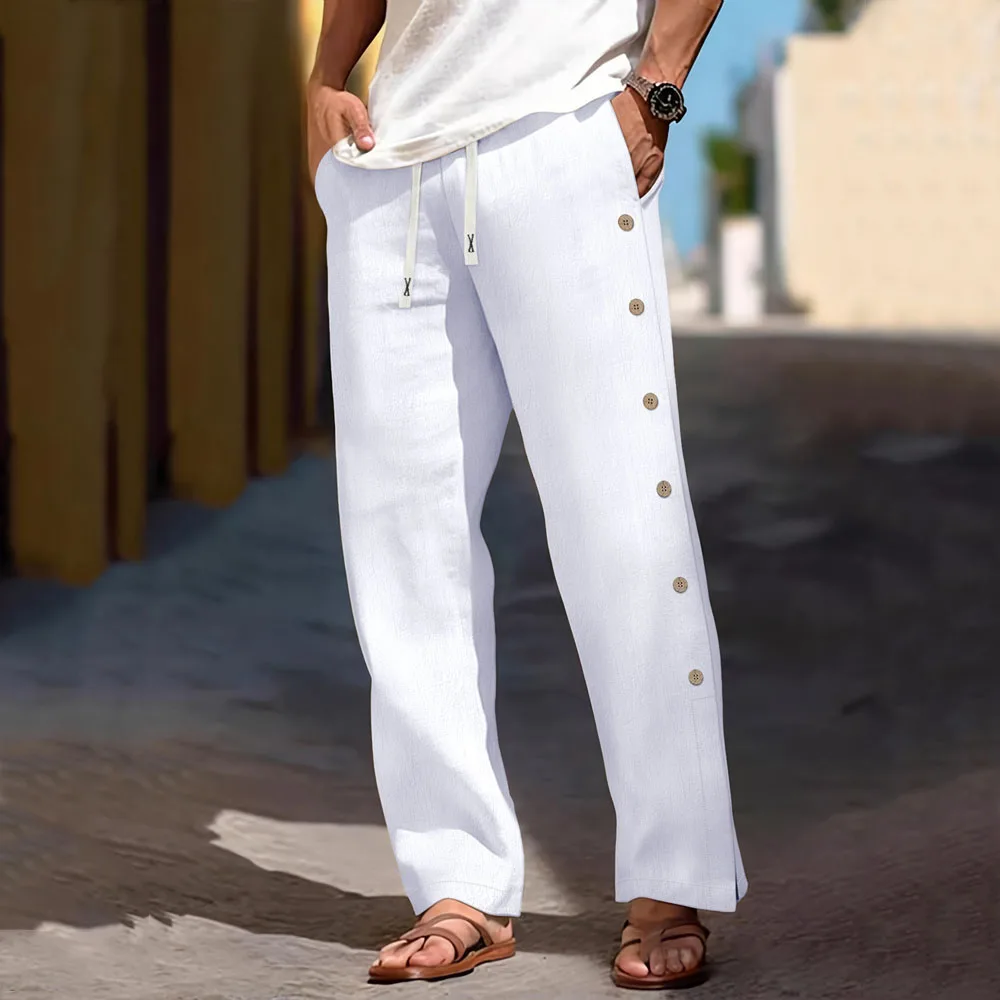 Мужские повседневные брюки из хлопка и льна с завязками на талии, декоративными пуговицами по бокам, прямым кроем, легкие, дышащие, летние, пляжные
Мужские повседневные брюки из хлопка и льна с завязками на талии, декоративными пуговицами по бокам, прямым кроем, легкие, дышащие, летние, пляжные