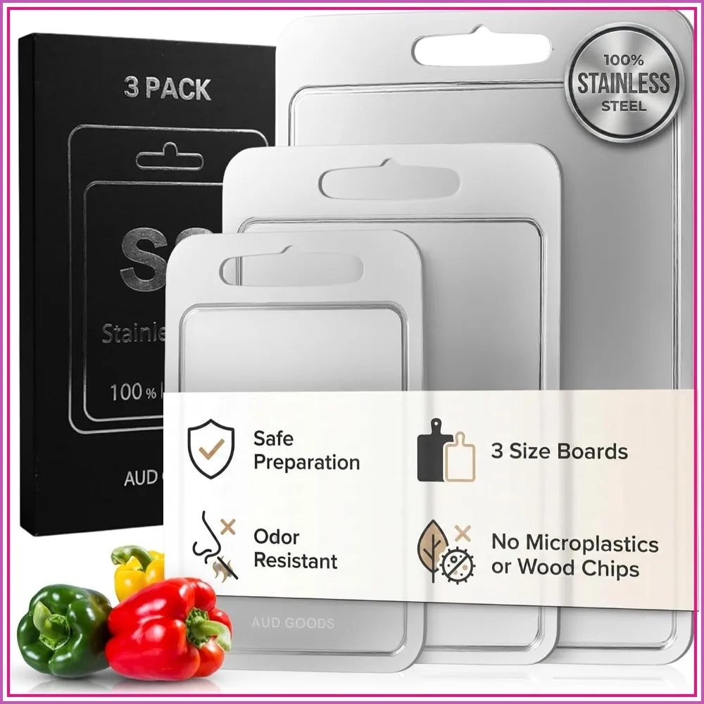 Stainless Steel Cutting Boards, 3-Pack with Juice Grooves, Double Sided, Durable Kitchen Chopping Boards
Stainless Steel Cutting Boards, 3-Pack with Juice Grooves, Double Sided, Durable Kitchen Chopping Boards