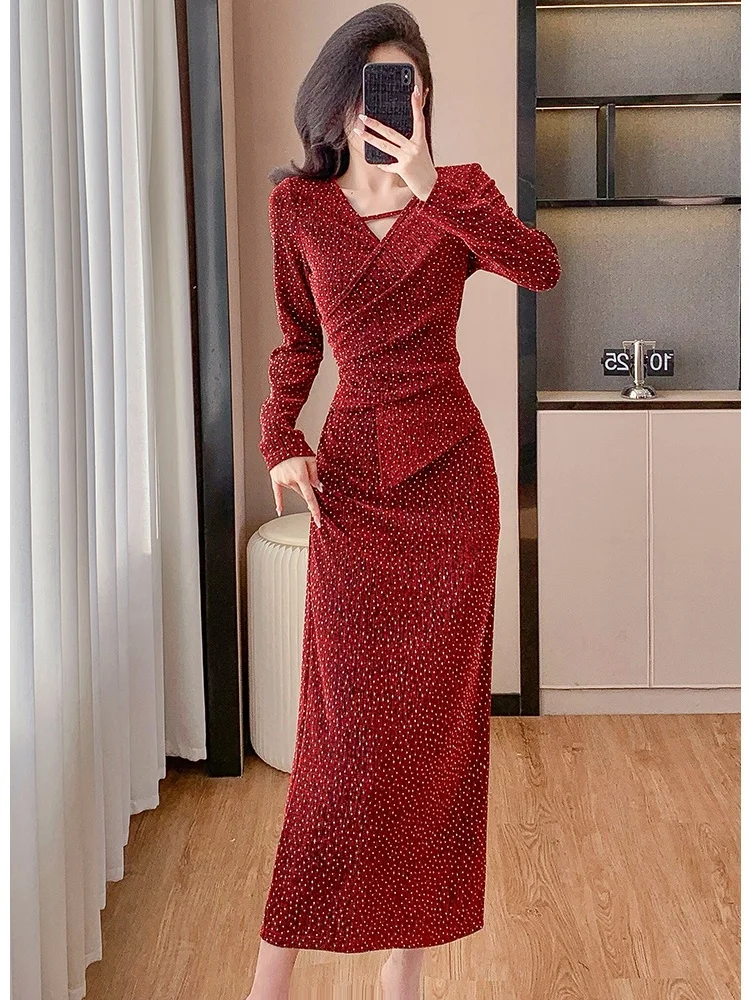 SMTHMA Women's Sexy V-Neck Shiny Silk Luxury Rhinestone Dress High-End Elegant Fashion Long Dresses Vestidos
SMTHMA Women's Sexy V-Neck Shiny Silk Luxury Rhinestone Dress High-End Elegant Fashion Long Dresses Vestidos