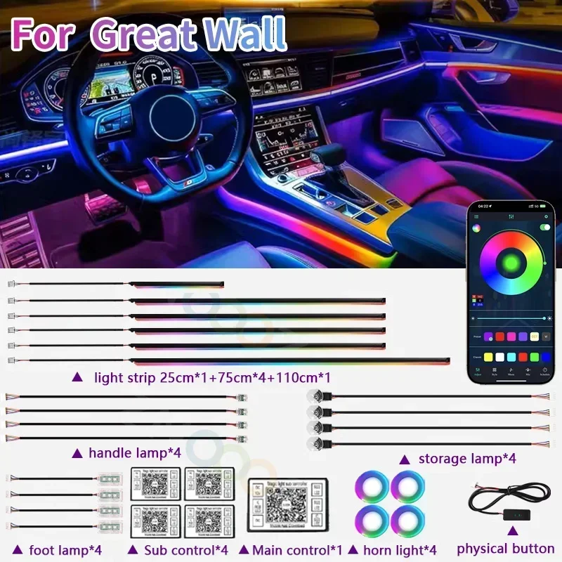 RGB 22 в 1 Автомобильный интерьер акриловый автомобильный окружающий свет для Great Wall GWM M4 STEED Poer Wingle 5 автомобильные осветительные полосы аксессуары
RGB 22 в 1 Автомобильный интерьер акриловый автомобильный окружающий свет для Great Wall GWM M4 STEED Poer Wingle 5 автомобильные осветительные полосы аксессуары