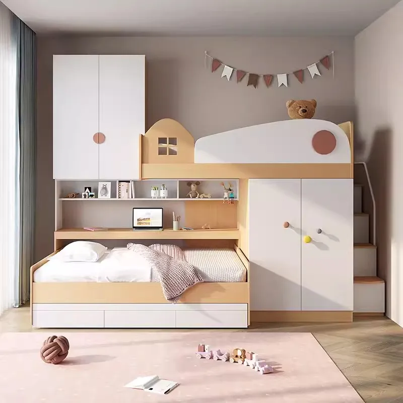 Small apartment multi-functional tatami pull-out desk integrated bed high and low combination
Small apartment multi-functional tatami pull-out desk integrated bed high and low combination