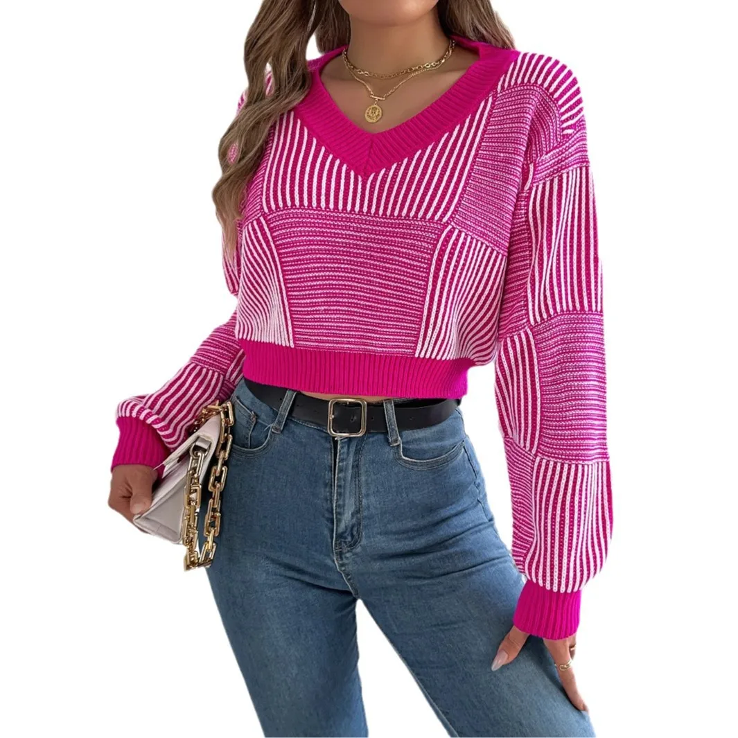 Autumn and Winter Casual Striped Knitted Sweater Fashion Pullover Long-sleeved Cropped Top Stitching Versatile Women's Sweater
Autumn and Winter Casual Striped Knitted Sweater Fashion Pullover Long-sleeved Cropped Top Stitching Versatile Women's Sweater