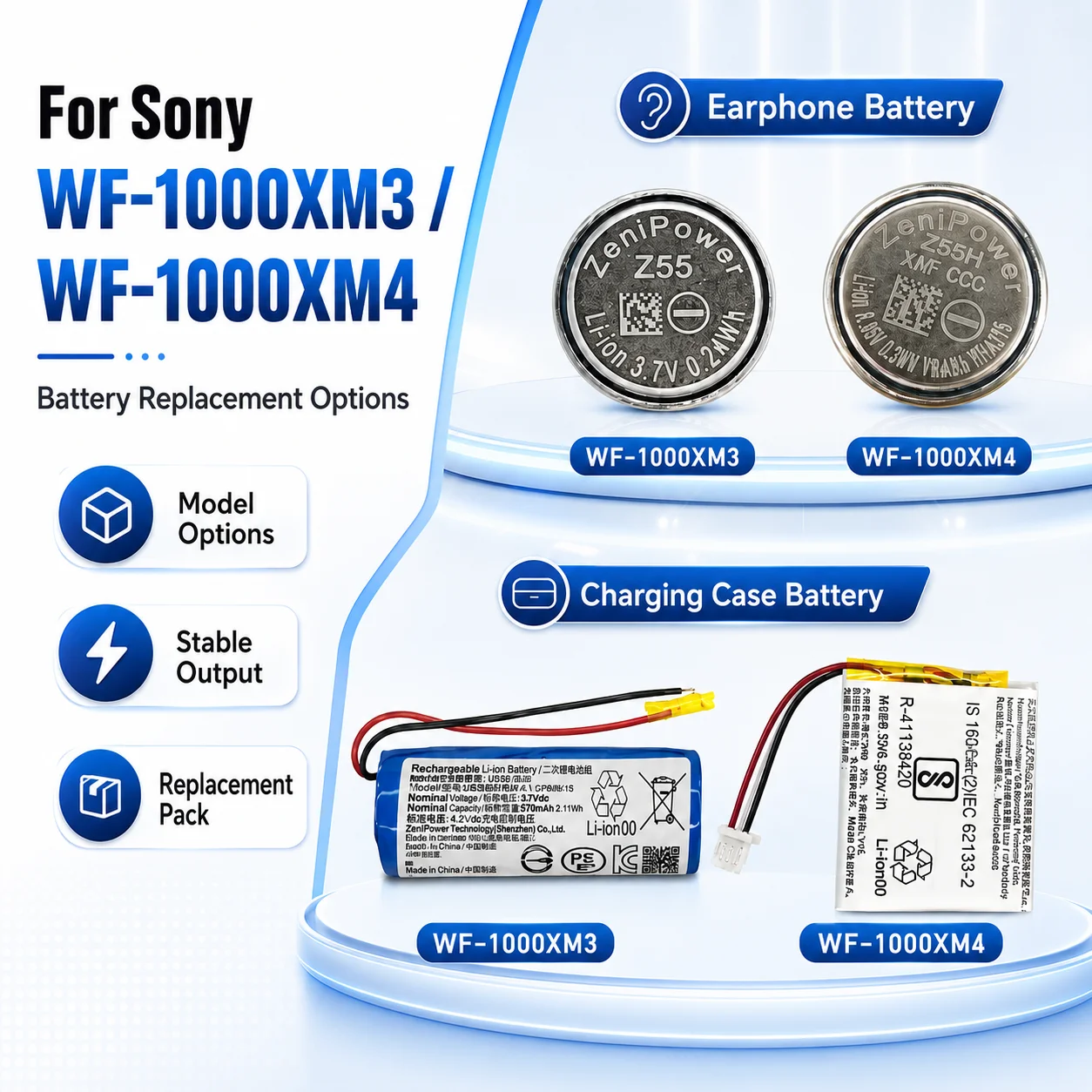 Z55 Z55H Battery for Sony WF-1000XM4 WF-1000XM3 TWS Earbuds Charging Case Repair Parts
Z55 Z55H Battery for Sony WF-1000XM4 WF-1000XM3 TWS Earbuds Charging Case Repair Parts