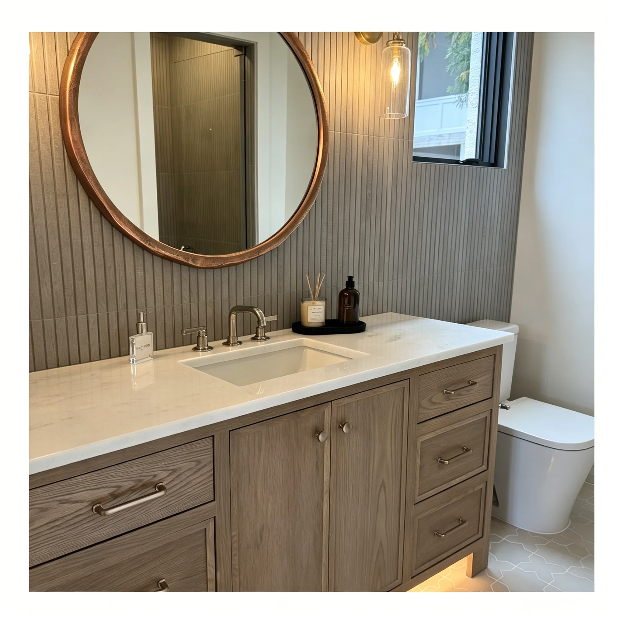 Vermonhouzz Bespoke High End American Style Bathroom Cabinetry With Marble Countertop And Brass Round Mirror For Hotel
Vermonhouzz Bespoke High End American Style Bathroom Cabinetry With Marble Countertop And Brass Round Mirror For Hotel