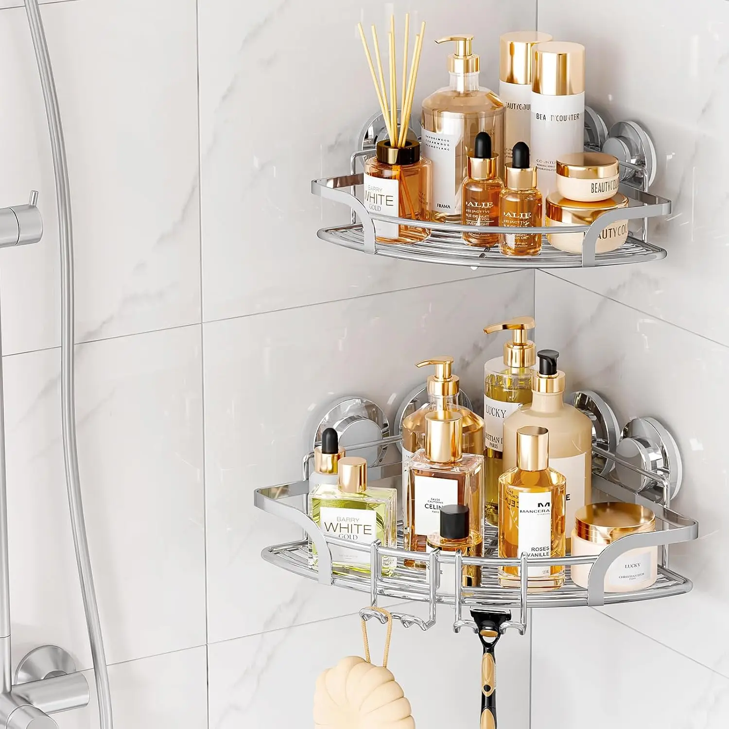 TAILI Suction Cup Corner Shower Caddy 2 Pack, Stainless Steel Rustproof Shower Shelf with Hook, Drill-Free Wall Mounted Basket
TAILI Suction Cup Corner Shower Caddy 2 Pack, Stainless Steel Rustproof Shower Shelf with Hook, Drill-Free Wall Mounted Basket