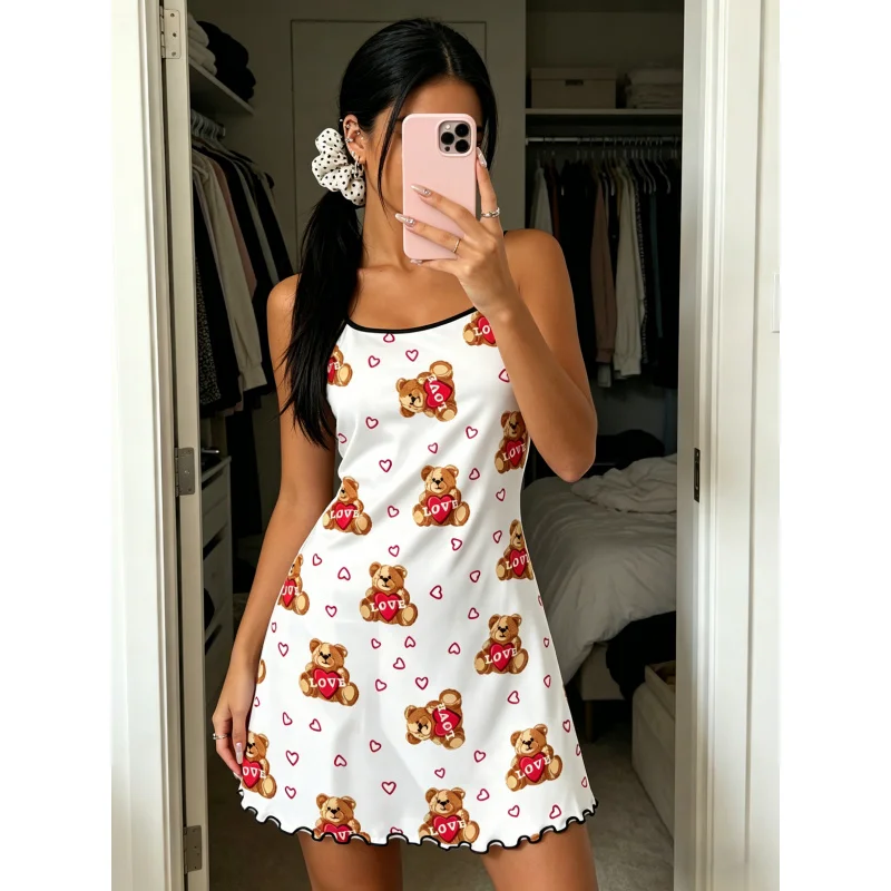 Women Summer Nightdress Spaghetti Strap Ruffle Trim Round Neck Home Loungewear Sleep Dress Love Heart Teddy Bear Print
Women Summer Nightdress Spaghetti Strap Ruffle Trim Round Neck Home Loungewear Sleep Dress Love Heart Teddy Bear Print