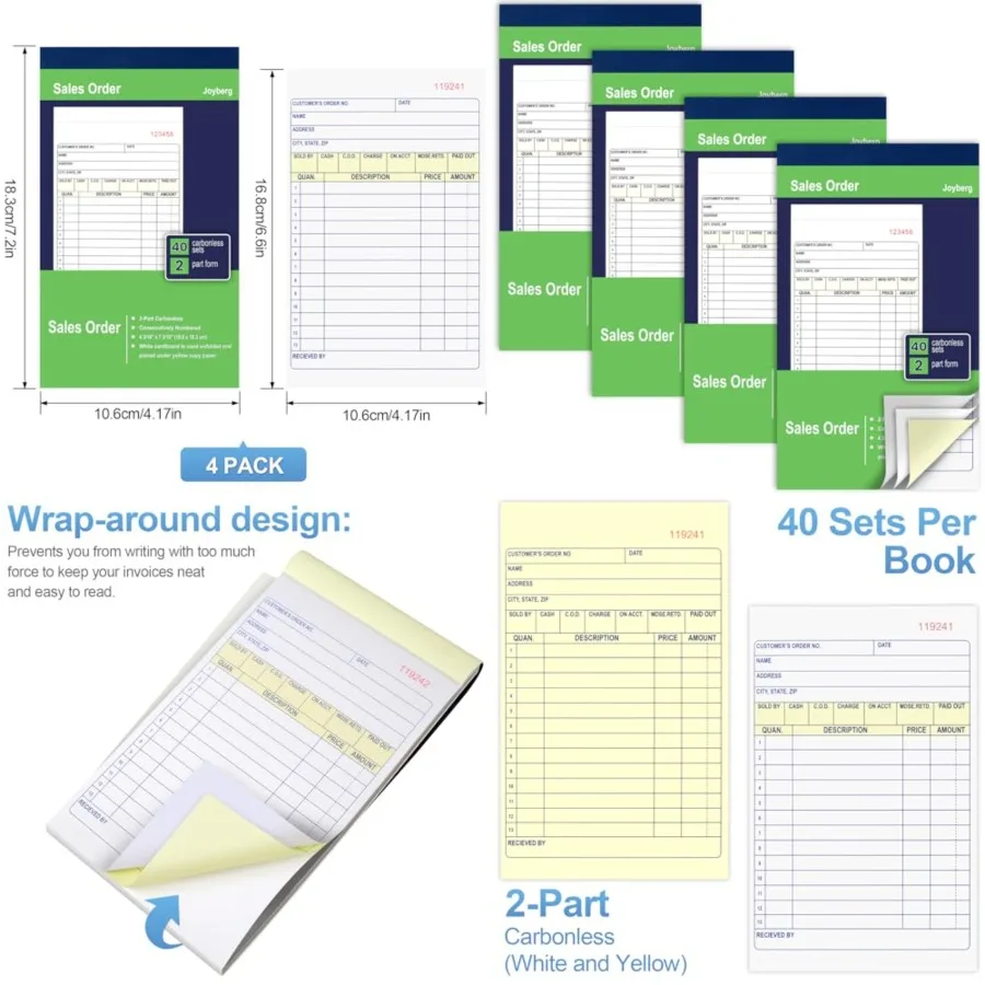 4 Pack Sales Order Book, 4.17inx7.2in Receipt Book with Carbon Copies, 2-Part Carbonless White and Yellow,40 Sets Per Book, Ord
4 Pack Sales Order Book, 4.17inx7.2in Receipt Book with Carbon Copies, 2-Part Carbonless White and Yellow,40 Sets Per Book, Ord
