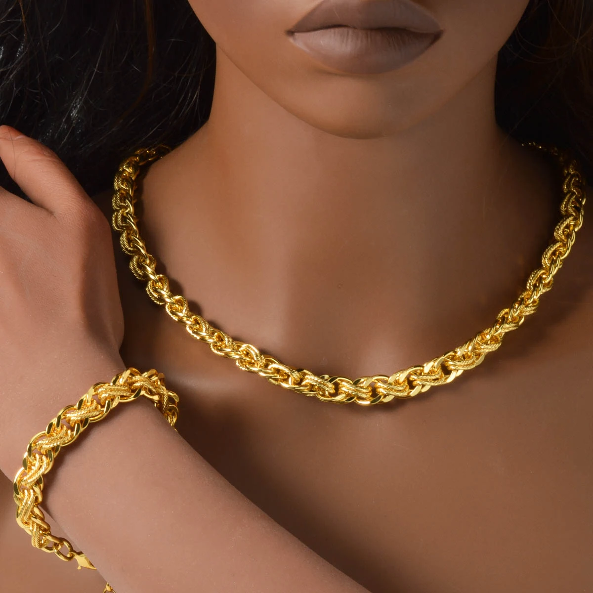 Trendy Gold Plated Copper Rope Chain Necklace Bracelet Set African Middle East Style Thick Twist Link Chunky Wedding Jewelry 
Trendy Gold Plated Copper Rope Chain Necklace Bracelet Set African Middle East Style Thick Twist Link Chunky Wedding Jewelry