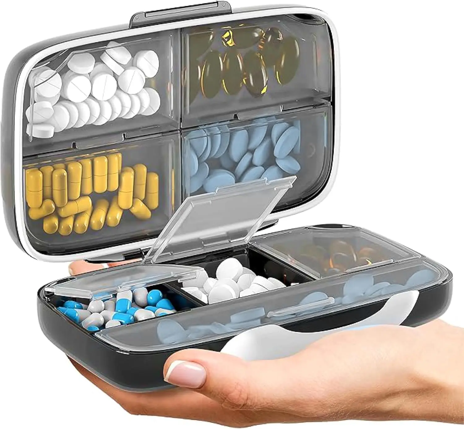 Travel Pill Organizer - Airtight Medicine Case 8 Compartment Large Capacity Portable Pharmacy Box with Labels for Supplements (Black)
Travel Pill Organizer - Airtight Medicine Case 8 Compartment Large Capacity Portable Pharmacy Box with Labels for Supplements (Black)