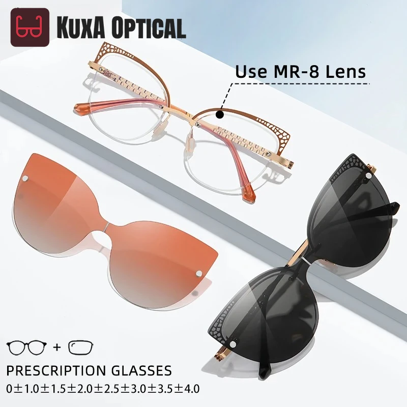 KUXA Rimless Metal Cat Eye Magnet Clip On Reading Glasses Women Hyperopia Myopia Prescription Glasses with Polarized Sunglasses
KUXA Rimless Metal Cat Eye Magnet Clip On Reading Glasses Women Hyperopia Myopia Prescription Glasses with Polarized Sunglasses