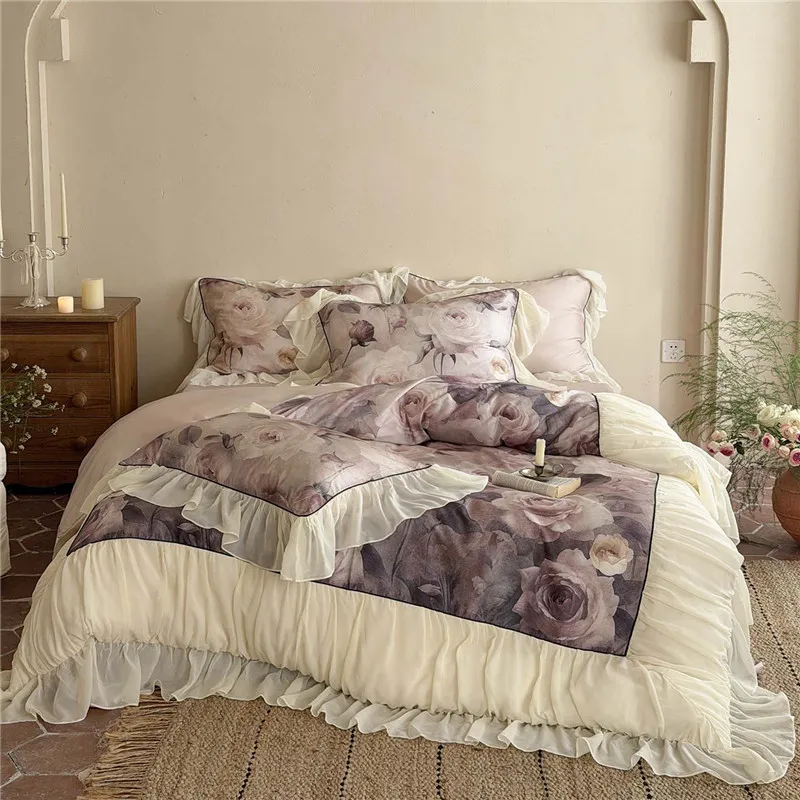 French Luxury Lyocell Cotton Bedding Set Ruffle Lace Trim Digital Printing Duvet Cover Bed Sheet Pillowcases for King Queen Size
French Luxury Lyocell Cotton Bedding Set Ruffle Lace Trim Digital Printing Duvet Cover Bed Sheet Pillowcases for King Queen Size