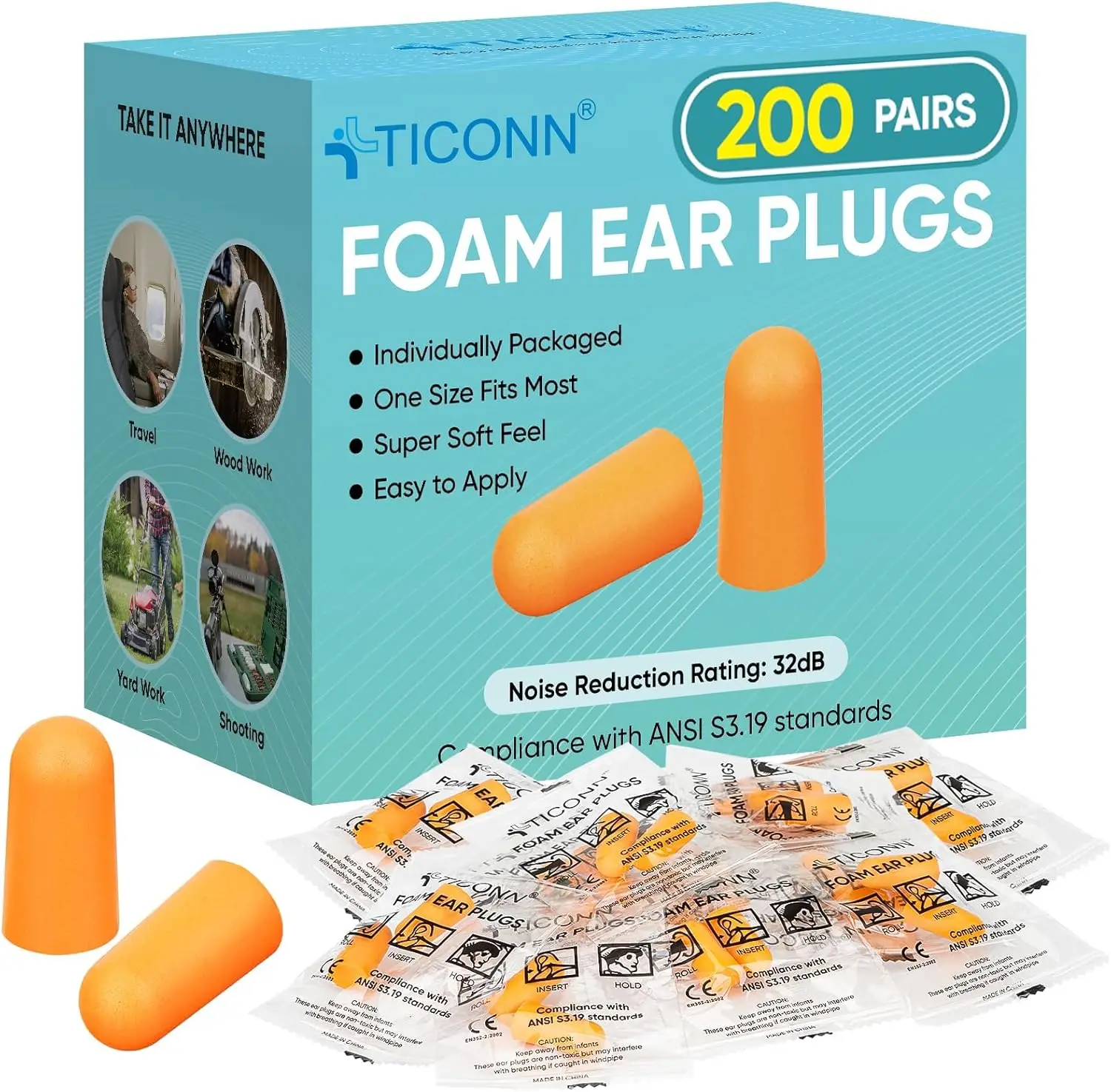 200 Pairs Foam Ear Plugs, Individually Wrapped 32dB Noise Reduction for Sleeping, Travel, Study, Construction
200 Pairs Foam Ear Plugs, Individually Wrapped 32dB Noise Reduction for Sleeping, Travel, Study, Construction