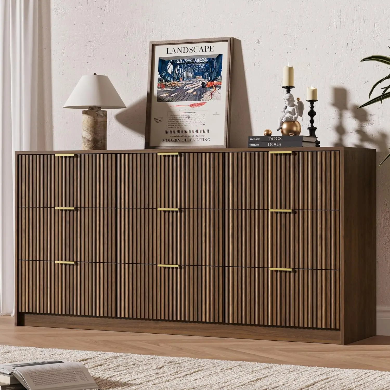 Nine Drawer Wide Fluted Dresser with Gold Handles Walnut Finish for Bedroom Living Room Entryway Hallway
Nine Drawer Wide Fluted Dresser with Gold Handles Walnut Finish for Bedroom Living Room Entryway Hallway