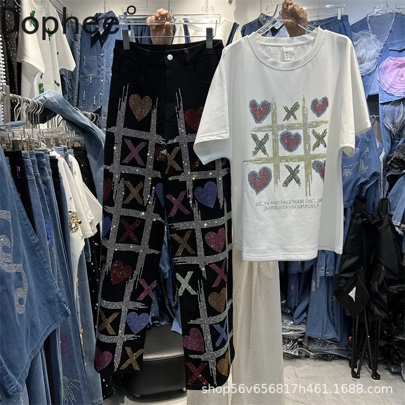 Trendy Spring Summer Women Two-piece Set Diamonds Love Loose Short Sleeve T-shirt Top + Hot Drilling Wide Leg Straight Jeans
Trendy Spring Summer Women Two-piece Set Diamonds Love Loose Short Sleeve T-shirt Top + Hot Drilling Wide Leg Straight Jeans