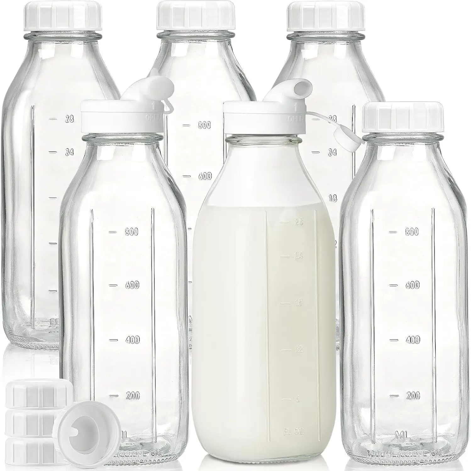 Liter Glass Milk Bottles w 100% Airtight Heavy Duty Screw Lid & 2 Dispenser- 6 Pack 32 Oz Drinking Jars - Food Grade Glass Bo
Liter Glass Milk Bottles w 100% Airtight Heavy Duty Screw Lid & 2 Dispenser- 6 Pack 32 Oz Drinking Jars - Food Grade Glass Bo