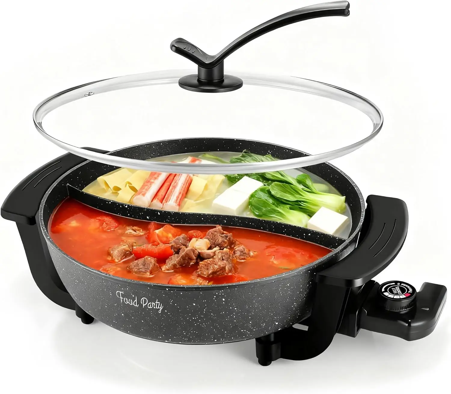 Electric Hot Pot with Divider, 6-Quart Capacity, Non-Stick Surface, 5 Temperature Settings for Shabu Shabu and Fondue
Electric Hot Pot with Divider, 6-Quart Capacity, Non-Stick Surface, 5 Temperature Settings for Shabu Shabu and Fondue