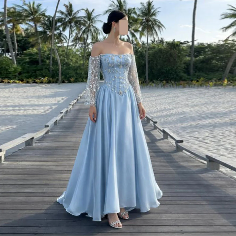 Customized Beading Corset Prom Dress Off the Shoulder A Line Wedding Guest Evening Gown Blue Robes De Soirée with Long Sleeves
Customized Beading Corset Prom Dress Off the Shoulder A Line Wedding Guest Evening Gown Blue Robes De Soirée with Long Sleeves