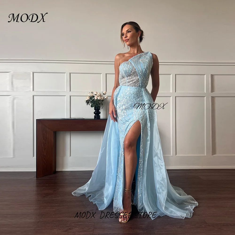 MODX Light Blue One Shoulder Prom Dress Sequined Beaded High Slit Chiffon Overlay Elegant Formal Evening Gown Customized
MODX Light Blue One Shoulder Prom Dress Sequined Beaded High Slit Chiffon Overlay Elegant Formal Evening Gown Customized