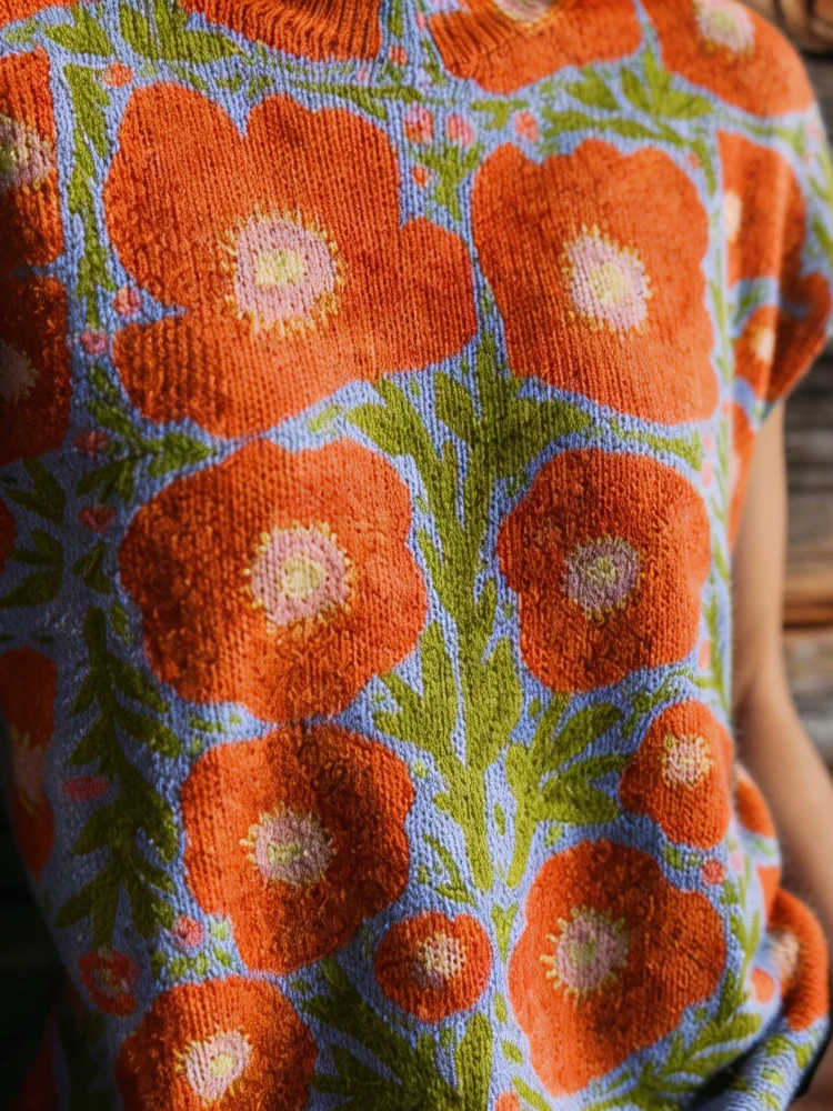 Women's Retro Poppy Flower Jacquard Knit Top, Casual Loose Short Sleeve Round Neck Knitted Blouse, Boho Floral Print Pullover Sweater Vest for Spring Summer Fall 10 S9e49b1965a074f3384889a6c56f5808cN