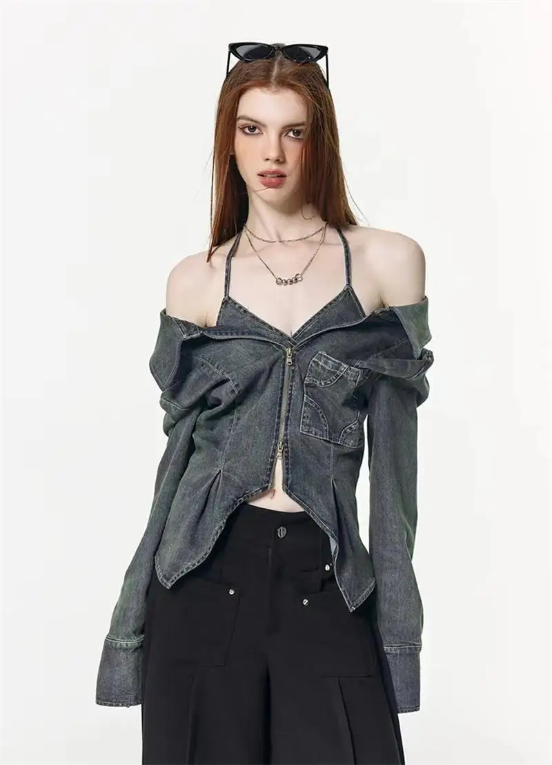 Women's Denim Jacketwomen's 2023 Spring New Street Fashion Personalized V-Neck Zipper High Elastic Denim Bra Shirt Coat Two Piec
Women's Denim Jacketwomen's 2023 Spring New Street Fashion Personalized V-Neck Zipper High Elastic Denim Bra Shirt Coat Two Piec