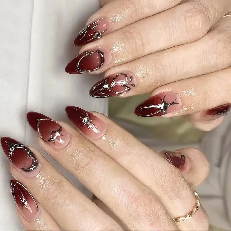 24PCS Gothic Dark Red Blush French Fake Nails Metallic Silver Heart Star Sweet Cool Almond Press on Nails Wearable Ins Nail Tips
24PCS Gothic Dark Red Blush French Fake Nails Metallic Silver Heart Star Sweet Cool Almond Press on Nails Wearable Ins Nail Tips