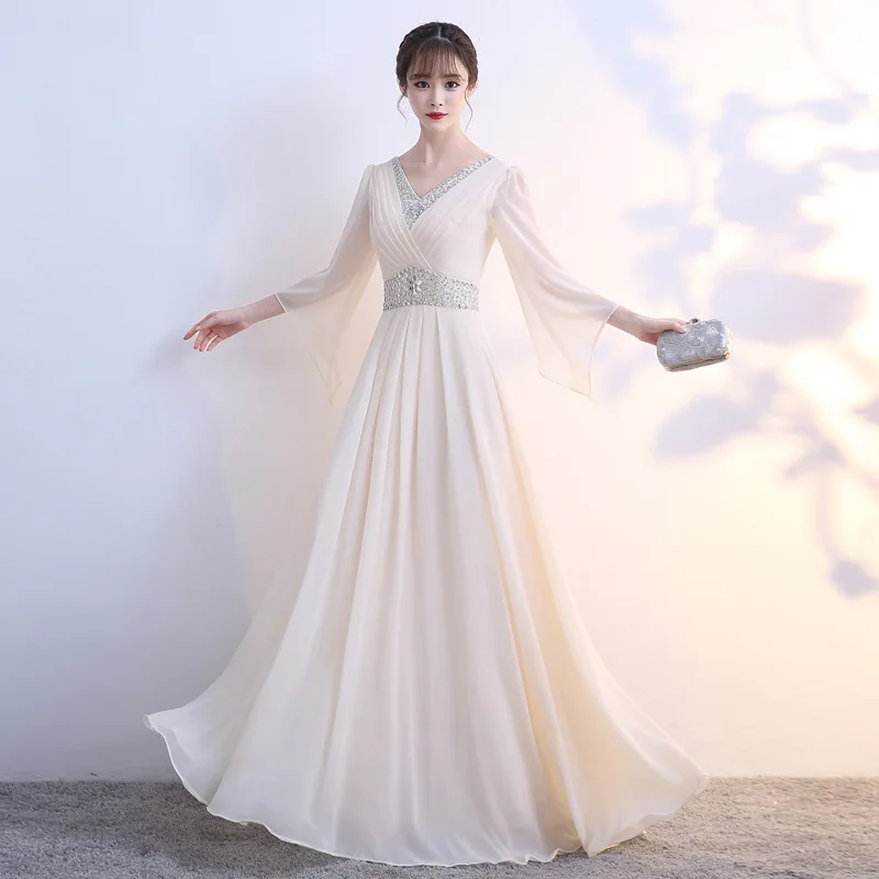 Champagne Chiffon A-Line Bridesmaid Dress V-Neck Flared Three-Quarter Sleeve Floor-Length Gown With Rhinestone Embellished Waist
Champagne Chiffon A-Line Bridesmaid Dress V-Neck Flared Three-Quarter Sleeve Floor-Length Gown With Rhinestone Embellished Waist