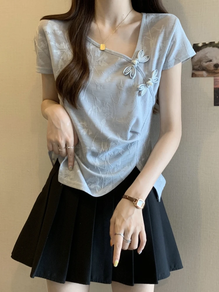 Summer Short Sleeve T-Shirt Women's Uneven Hem Micro plus Size Slimming New Chinese Embroidery Button up Top Korean Style Loo...
Summer Short Sleeve T-Shirt Women's Uneven Hem Micro plus Size Slimming New Chinese Embroidery Button up Top Korean Style Loo...