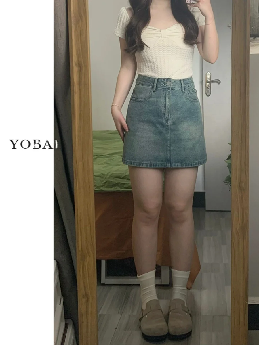 Retro Blue Denim Short Skirt Women's High Waist plus Size Slimming Hide Belly A-Line Skirt Korean Style Cotton Jeans
Retro Blue Denim Short Skirt Women's High Waist plus Size Slimming Hide Belly A-Line Skirt Korean Style Cotton Jeans