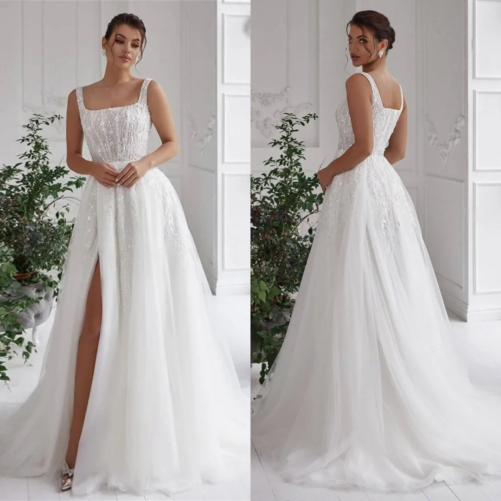 Customized White Tulle Bridal Gowns Elegant Square Collar Cap Sleeve Wedding Dress Chapel Train Zipper Back Vestido De Novia
Customized White Tulle Bridal Gowns Elegant Square Collar Cap Sleeve Wedding Dress Chapel Train Zipper Back Vestido De Novia