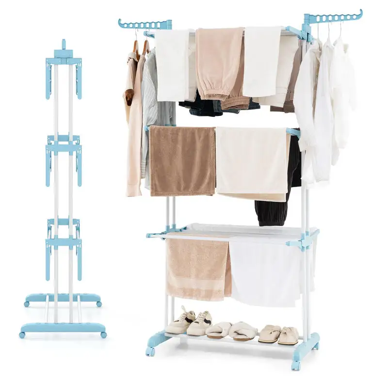 4-tier Clothes Drying Rack with Rotatable Side Wings and Collapsible Shelves-Blue
4-tier Clothes Drying Rack with Rotatable Side Wings and Collapsible Shelves-Blue