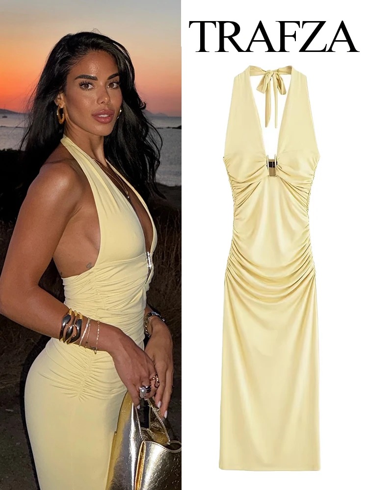TRAFZA Women Fashion Sexy Solid Halter Neck Temperament Slim Sleeveless Dress Female Elegant Backless Party Pleated Long Dress
TRAFZA Women Fashion Sexy Solid Halter Neck Temperament Slim Sleeveless Dress Female Elegant Backless Party Pleated Long Dress