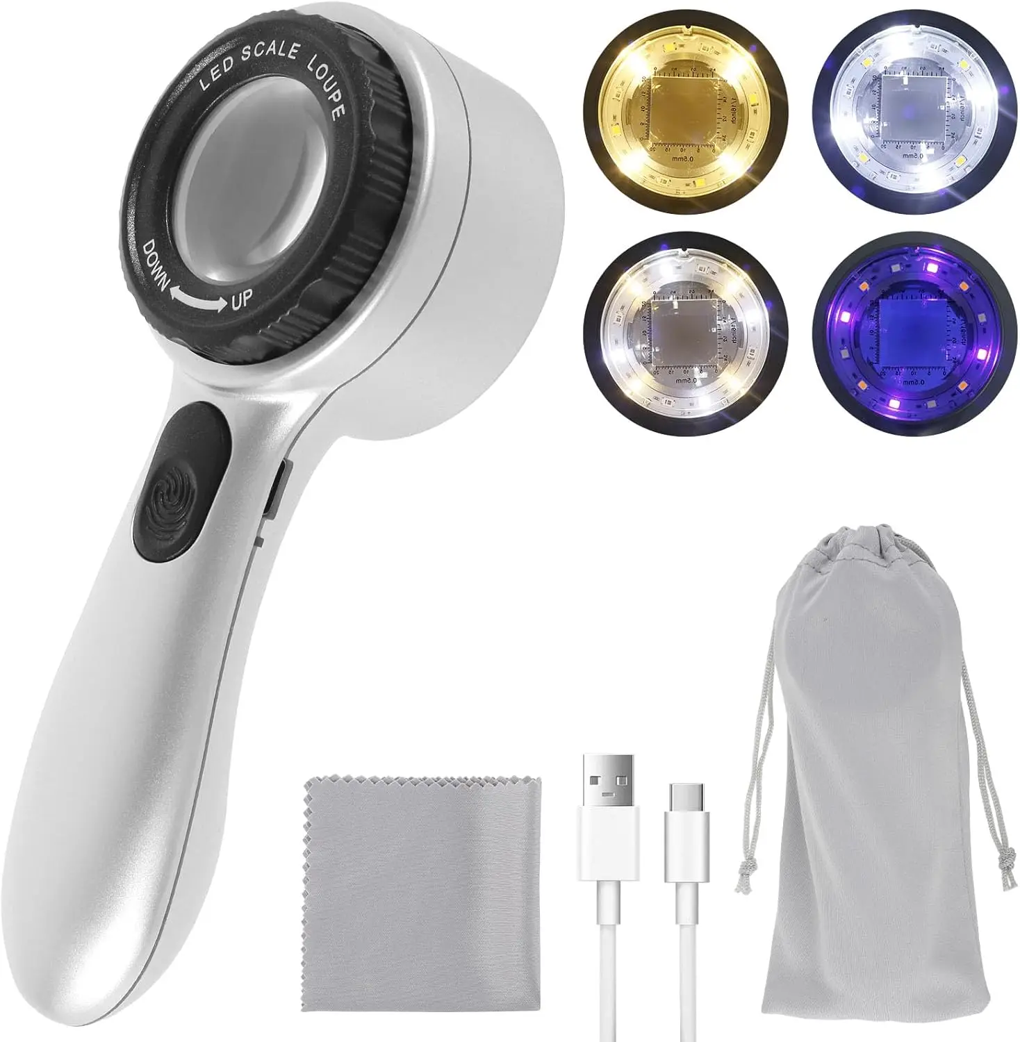 Handheld 30X Magnifier Loupe,Rechargeable Illuminated Magnifying Glass with 4 Lighting Modes for Jewelers, Coin, Stamp, Watch
Handheld 30X Magnifier Loupe,Rechargeable Illuminated Magnifying Glass with 4 Lighting Modes for Jewelers, Coin, Stamp, Watch