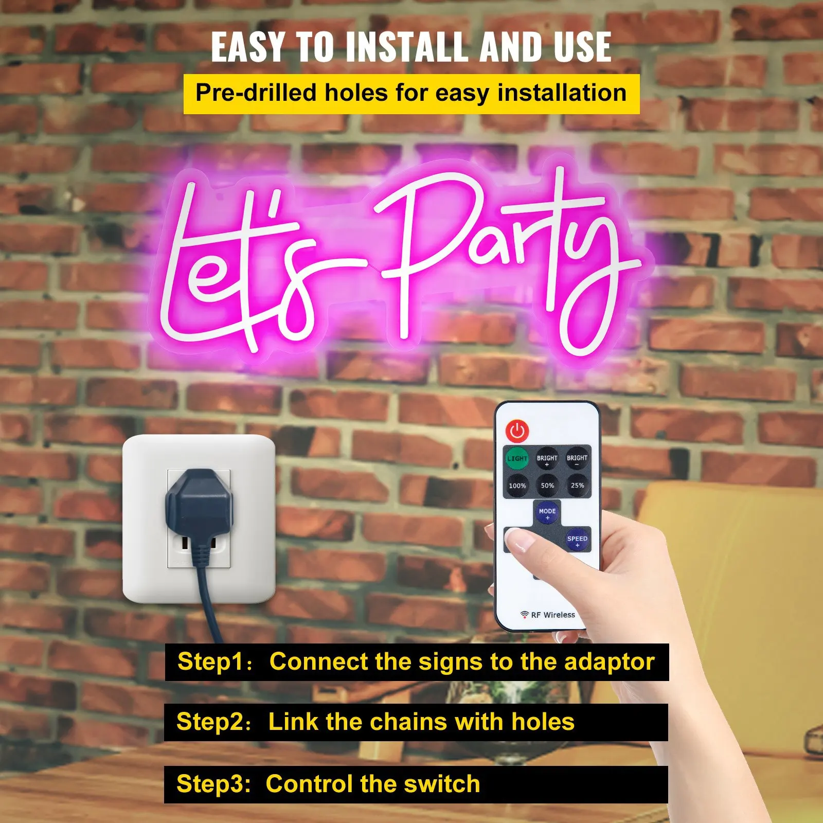 Неоновая вывеска «Let's Party», 23x10 дюймов, для декора стен, с регулируемой яркостью, розовая, с пультом ДУ и патроном.
Неоновая вывеска «Let's Party», 23x10 дюймов, для декора стен, с регулируемой яркостью, розовая, с пультом ДУ и патроном.