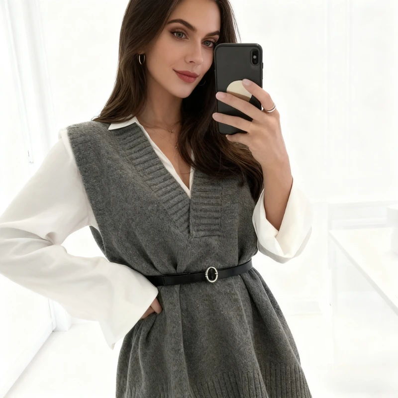 Осень/зима, новый шикарный вязаный жилет с поясом, осенне-зимний однотонный свитер, жилет, модный длинный трикотаж без рукавов
Осень/зима, новый шикарный вязаный жилет с поясом, осенне-зимний однотонный свитер, жилет, модный длинный трикотаж без рукавов