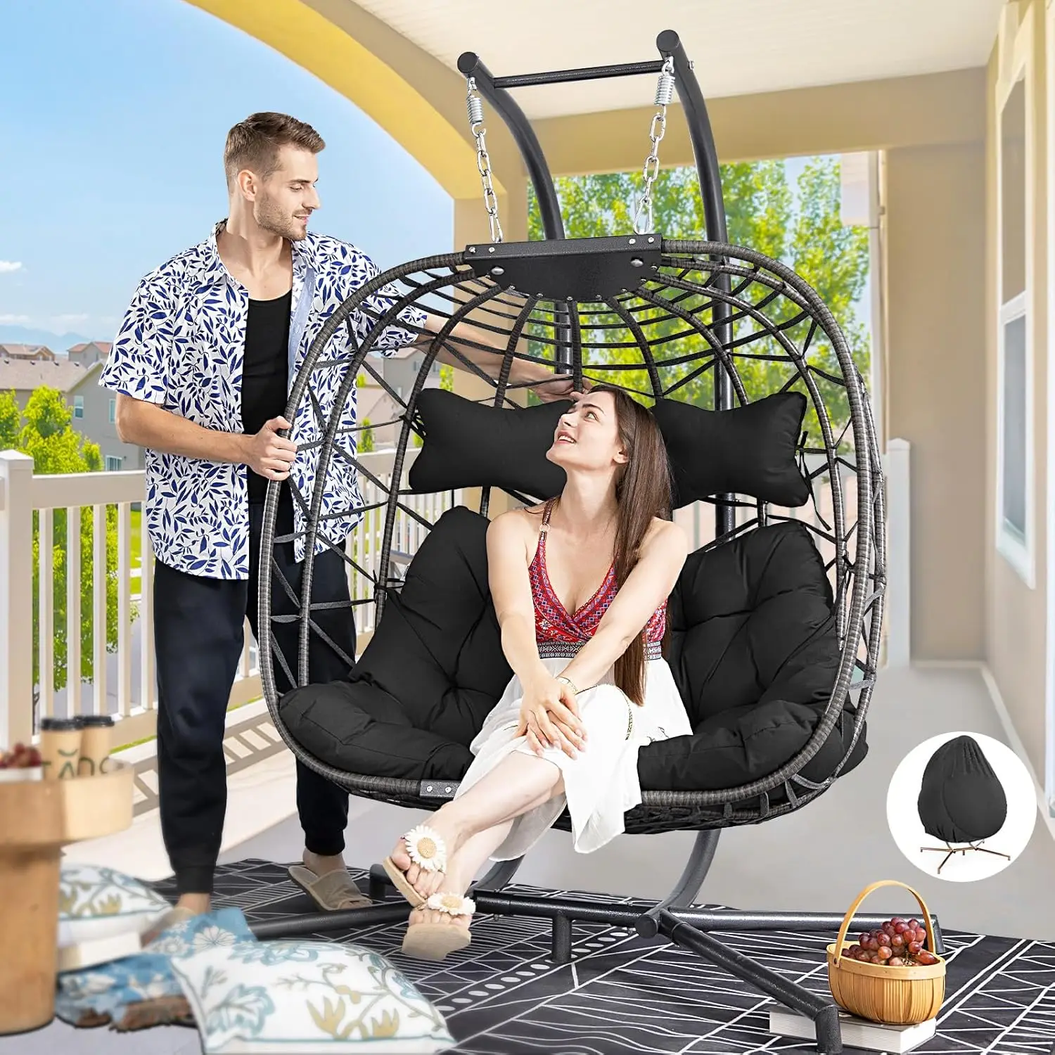 Double Egg Chair with Stand Indoor Outdoor 2 Person Large Wicker Hanging Swing Chair Grey Rattan Black Cushions with Cover
Double Egg Chair with Stand Indoor Outdoor 2 Person Large Wicker Hanging Swing Chair Grey Rattan Black Cushions with Cover