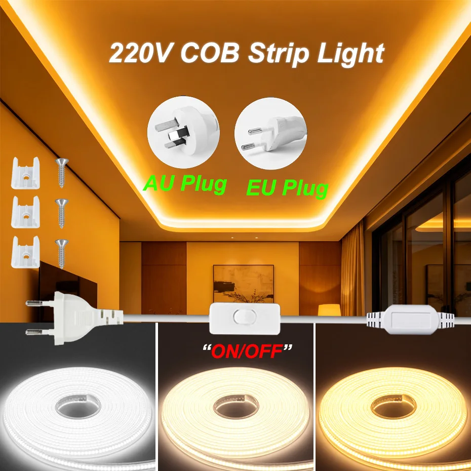 Waterproof IP65 220V COB LED Strip Light 288LEDs/m 0.5m-30m with EU/AU ON/OFF Switch Plug for Hotels Clubs Shopping Malls
Waterproof IP65 220V COB LED Strip Light 288LEDs/m 0.5m-30m with EU/AU ON/OFF Switch Plug for Hotels Clubs Shopping Malls
