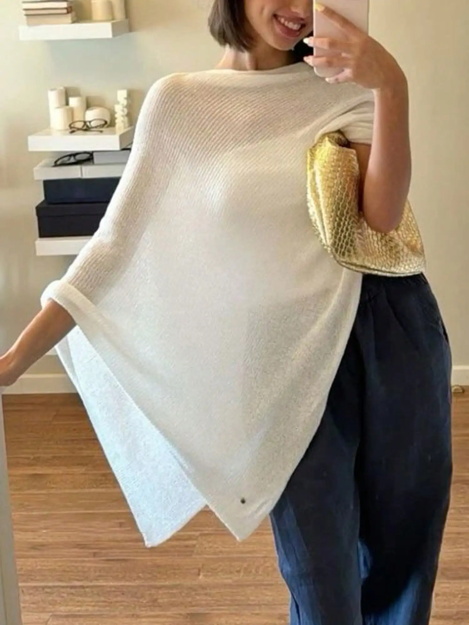 Women Sheer Knit Poncho Off Shoulder Asymmetric Shrug Lightweight See Through Cover Up Top
Women Sheer Knit Poncho Off Shoulder Asymmetric Shrug Lightweight See Through Cover Up Top
