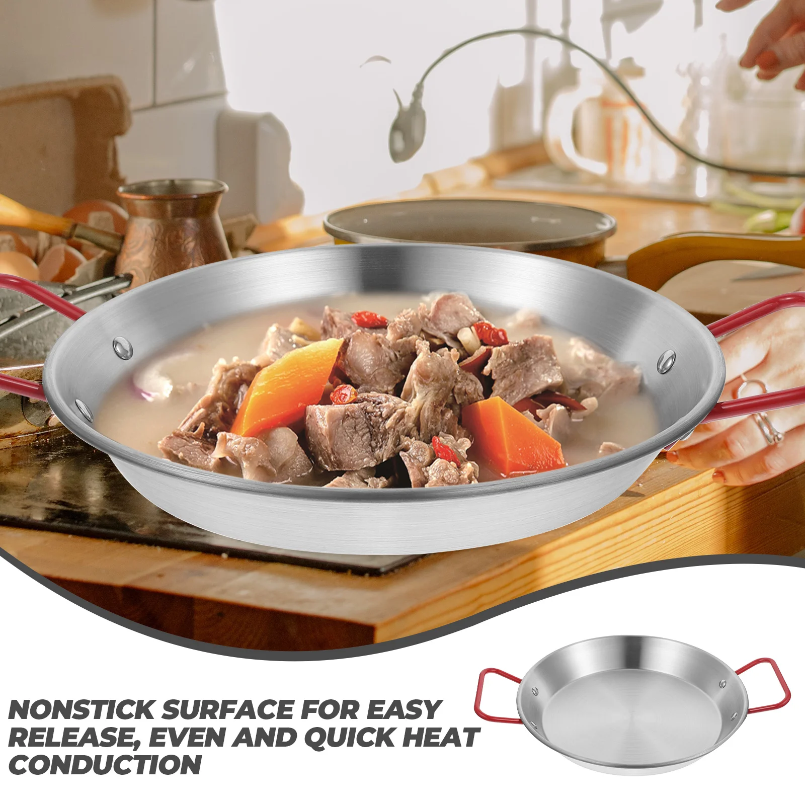 Stainless Steel Frying Pan Paella with Handle Steak Grilling Non Stick Steam Pasta Utensil
Stainless Steel Frying Pan Paella with Handle Steak Grilling Non Stick Steam Pasta Utensil