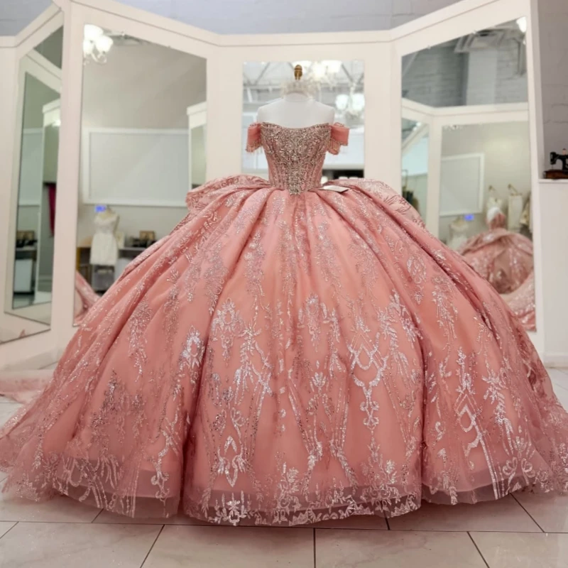 Pink Shiny Ball Gown Quinceanera Dresses Sequin Applique Lace Beading Crystal Bow Corset Off The Shoulder Sweet 16 Dress Vestido
Pink Shiny Ball Gown Quinceanera Dresses Sequin Applique Lace Beading Crystal Bow Corset Off The Shoulder Sweet 16 Dress Vestido