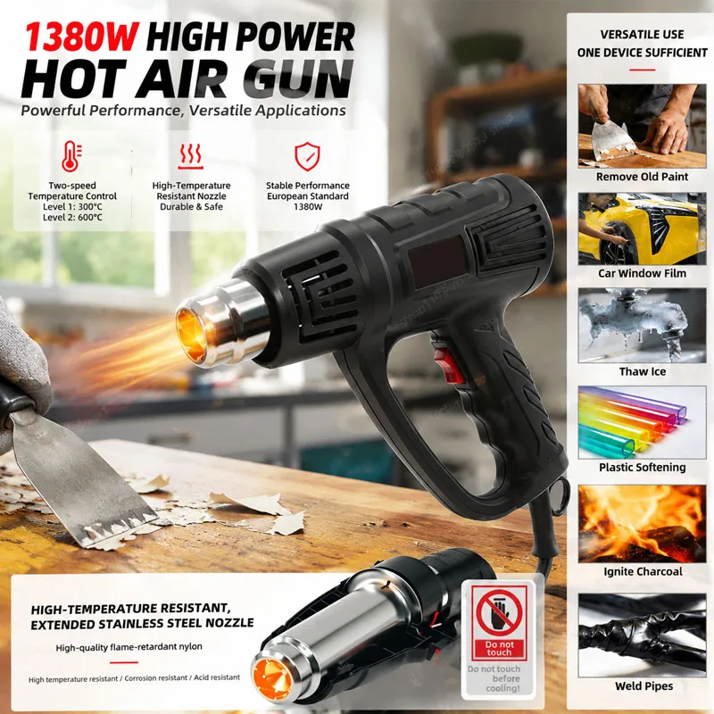 Professional Heat Gun With Temperature Adjustment Function, Suitable For Home DIY Plastic Heat Shrink Film And Paint Removal.
Professional Heat Gun With Temperature Adjustment Function, Suitable For Home DIY Plastic Heat Shrink Film And Paint Removal.
